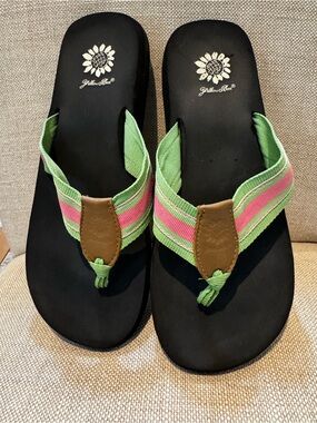 Yellow Box Black Flip Flop Sandals with Green and Pink Striped Straps